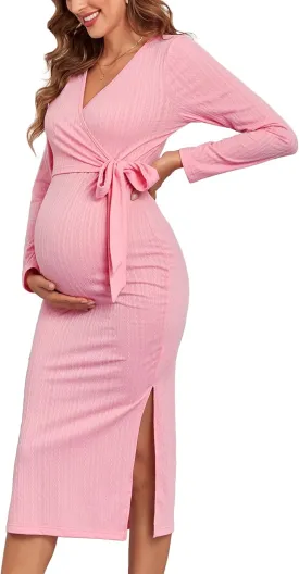 2024 Fall Rib Knit Maternity Nursing Dress Knot Side Long Sleeve V Neck Bodycon Wrap Pregnancy Split Dresses
