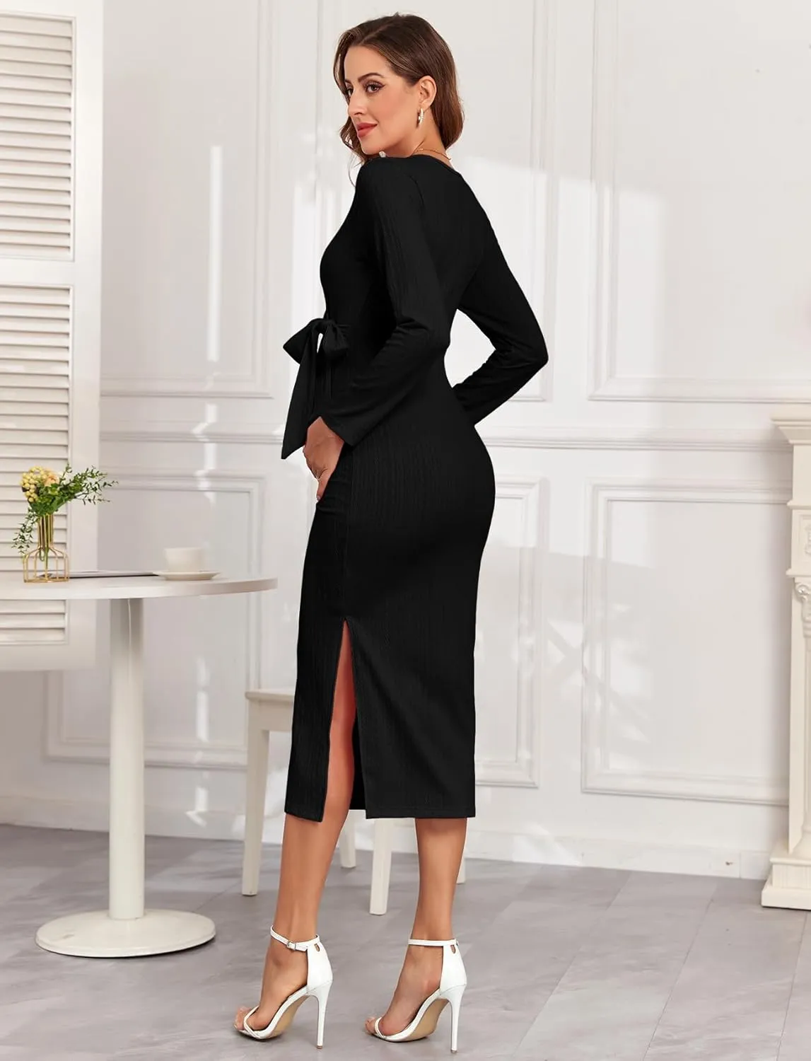 2024 Fall Rib Knit Maternity Nursing Dress Knot Side Long Sleeve V Neck Bodycon Wrap Pregnancy Split Dresses