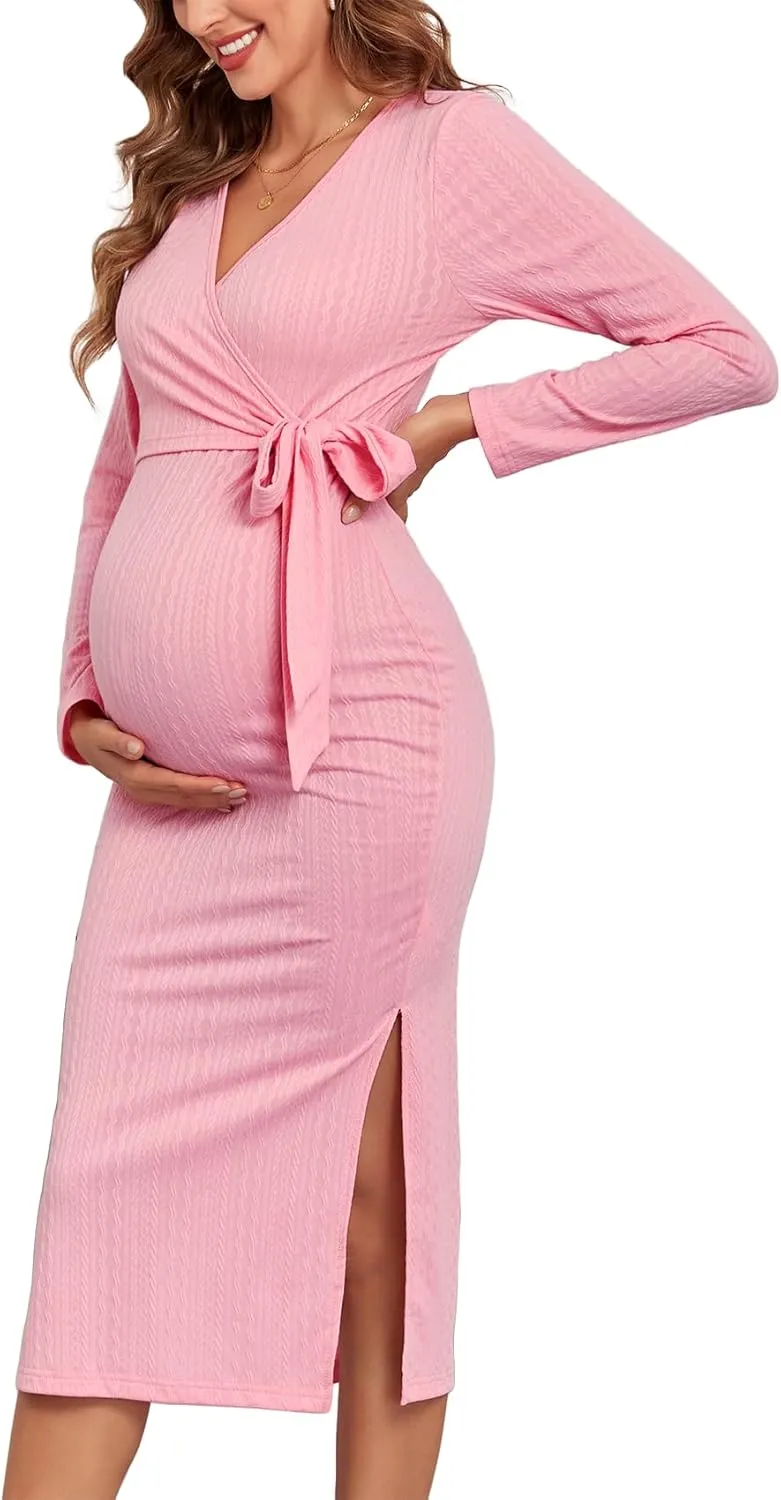 2024 Fall Rib Knit Maternity Nursing Dress Knot Side Long Sleeve V Neck Bodycon Wrap Pregnancy Split Dresses