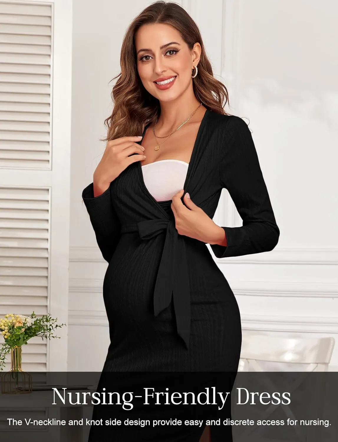 2024 Fall Rib Knit Maternity Nursing Dress Knot Side Long Sleeve V Neck Bodycon Wrap Pregnancy Split Dresses