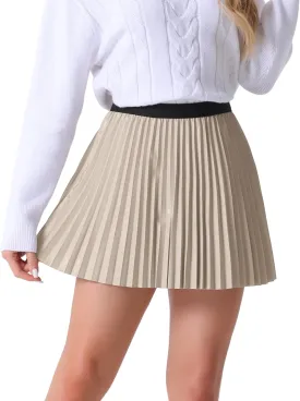 Allegra K Pleated Skirt for Women's PU Leather Party Casual Elastic Waist Halloween A-line Mini Skirts