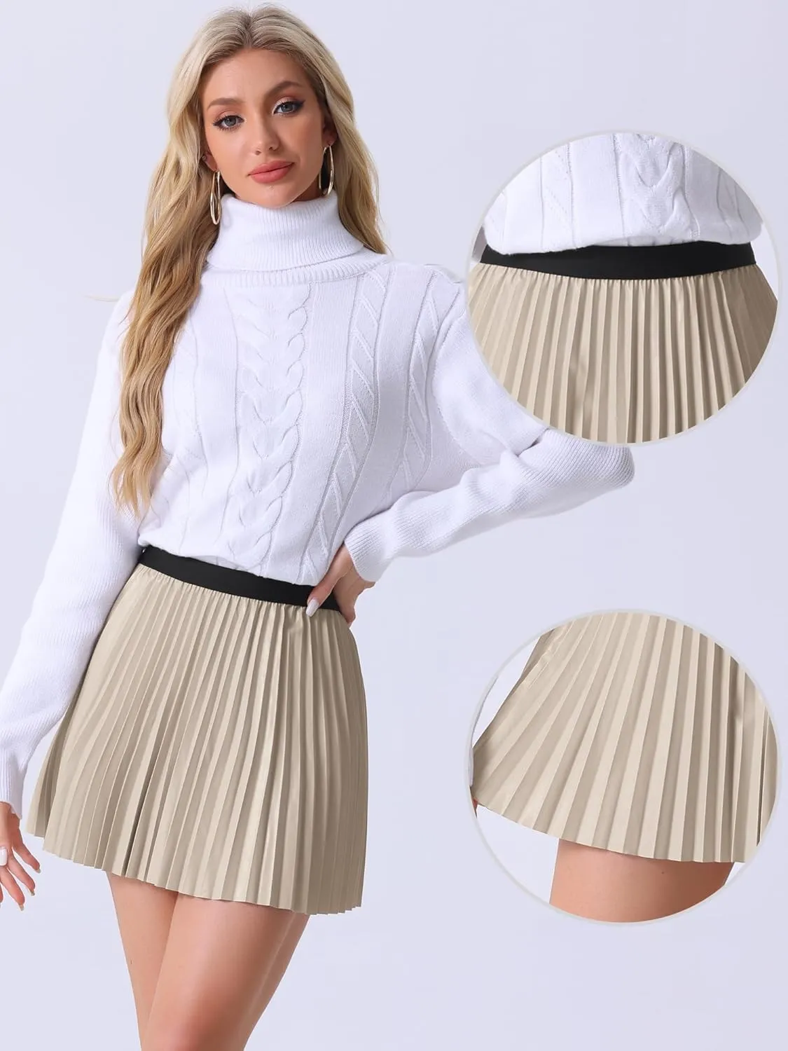 Allegra K Pleated Skirt for Women's PU Leather Party Casual Elastic Waist Halloween A-line Mini Skirts