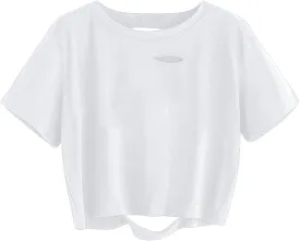 Avanova Women Distressed Loose Crop Top Oversized Short Sleeve Ripped Tee Shirt
