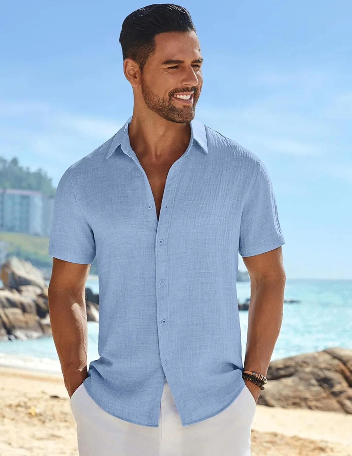 COOFANDY Men's Casual Button Down Shirts Short Sleeve Textured Summer Beach Shirt