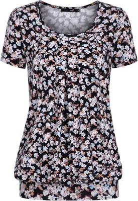 DJT Women's Short Sleeve Summer Tops Scoop Neck Pleated Front Casual Tee T Shirt