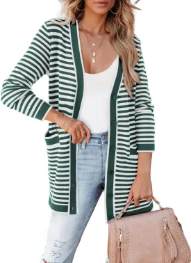 Dokotoo Cardigan Sweaters for Women Striped Fall Outfit Open Front Button Down Womens Cardigan with Pockets