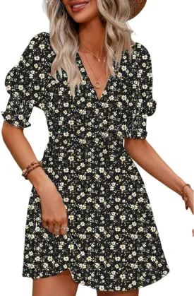 Dokotoo Summer Dresses for Women 2025 Sexy Wrap V Neck Short Puff Sleeve Elegant Floral Smocked Waist Flowy Mini Dress
