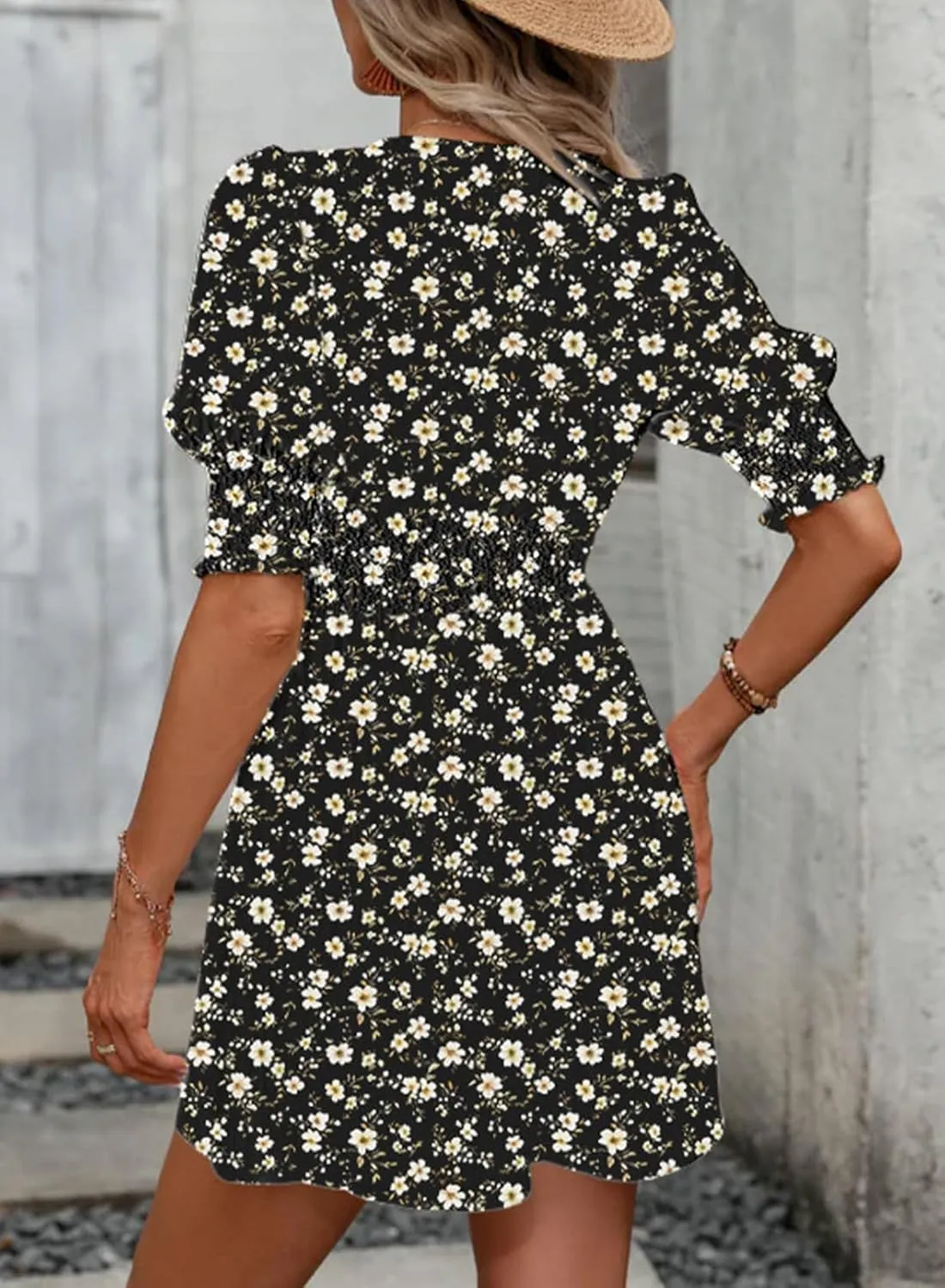 Dokotoo Summer Dresses for Women 2025 Sexy Wrap V Neck Short Puff Sleeve Elegant Floral Smocked Waist Flowy Mini Dress