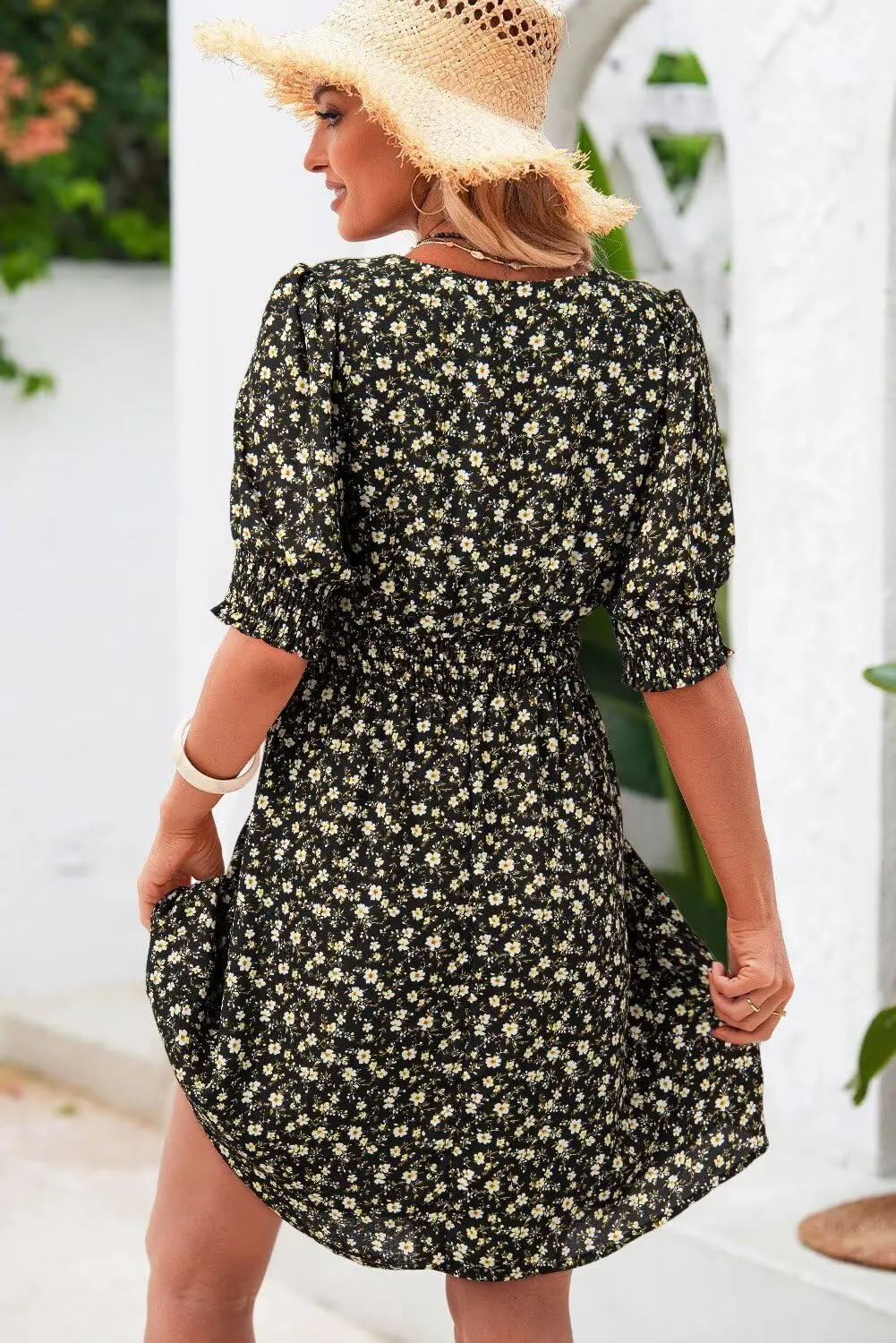 Dokotoo Summer Dresses for Women 2025 Sexy Wrap V Neck Short Puff Sleeve Elegant Floral Smocked Waist Flowy Mini Dress