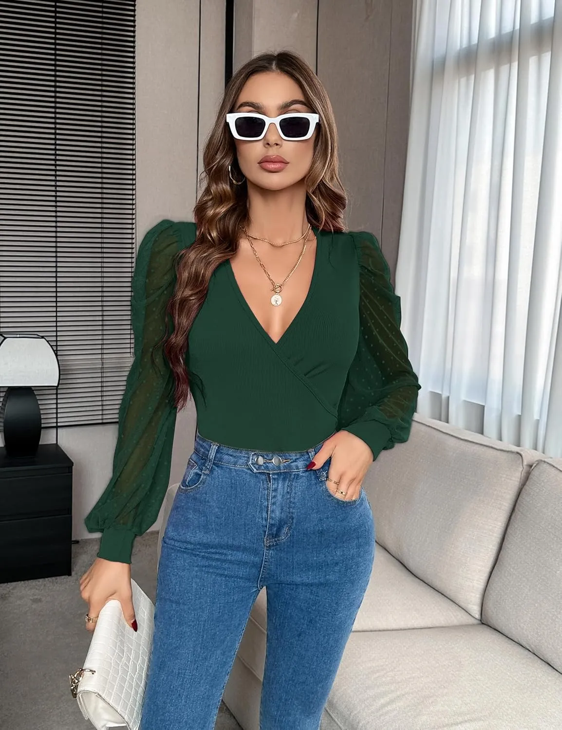 Fayenne Womens Tops Deep V Neck Cross Wrap Sexy Tops Polka Dot Mesh Long Sleeve T Shirt Casual Blouses