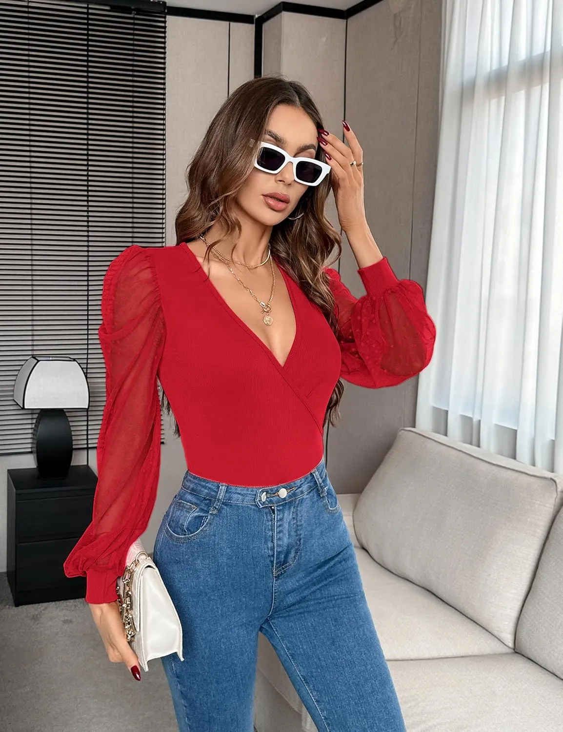 Fayenne Womens Tops Deep V Neck Cross Wrap Sexy Tops Polka Dot Mesh Long Sleeve T Shirt Casual Blouses