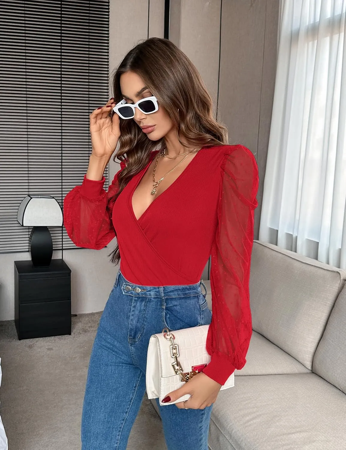 Fayenne Womens Tops Deep V Neck Cross Wrap Sexy Tops Polka Dot Mesh Long Sleeve T Shirt Casual Blouses