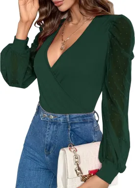 Fayenne Womens Tops Deep V Neck Cross Wrap Sexy Tops Polka Dot Mesh Long Sleeve T Shirt Casual Blouses
