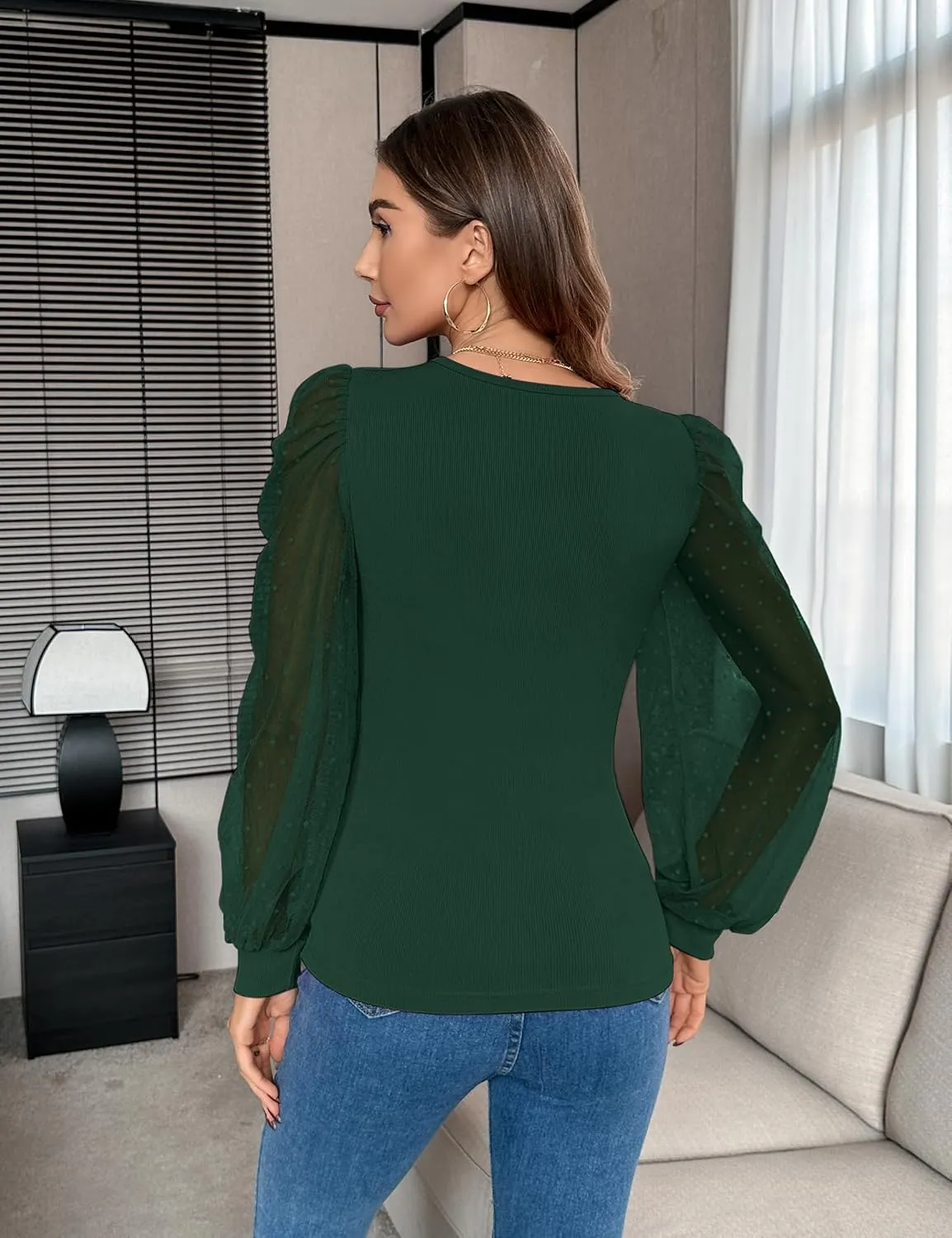Fayenne Womens Tops Deep V Neck Cross Wrap Sexy Tops Polka Dot Mesh Long Sleeve T Shirt Casual Blouses
