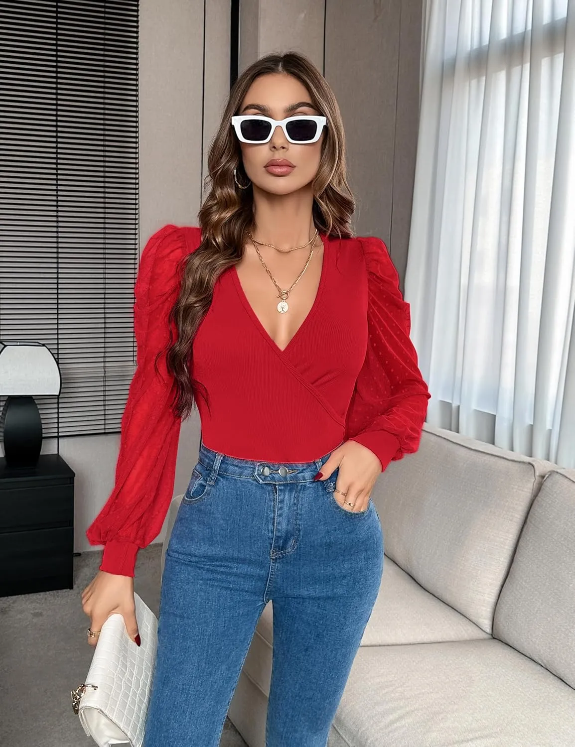 Fayenne Womens Tops Deep V Neck Cross Wrap Sexy Tops Polka Dot Mesh Long Sleeve T Shirt Casual Blouses
