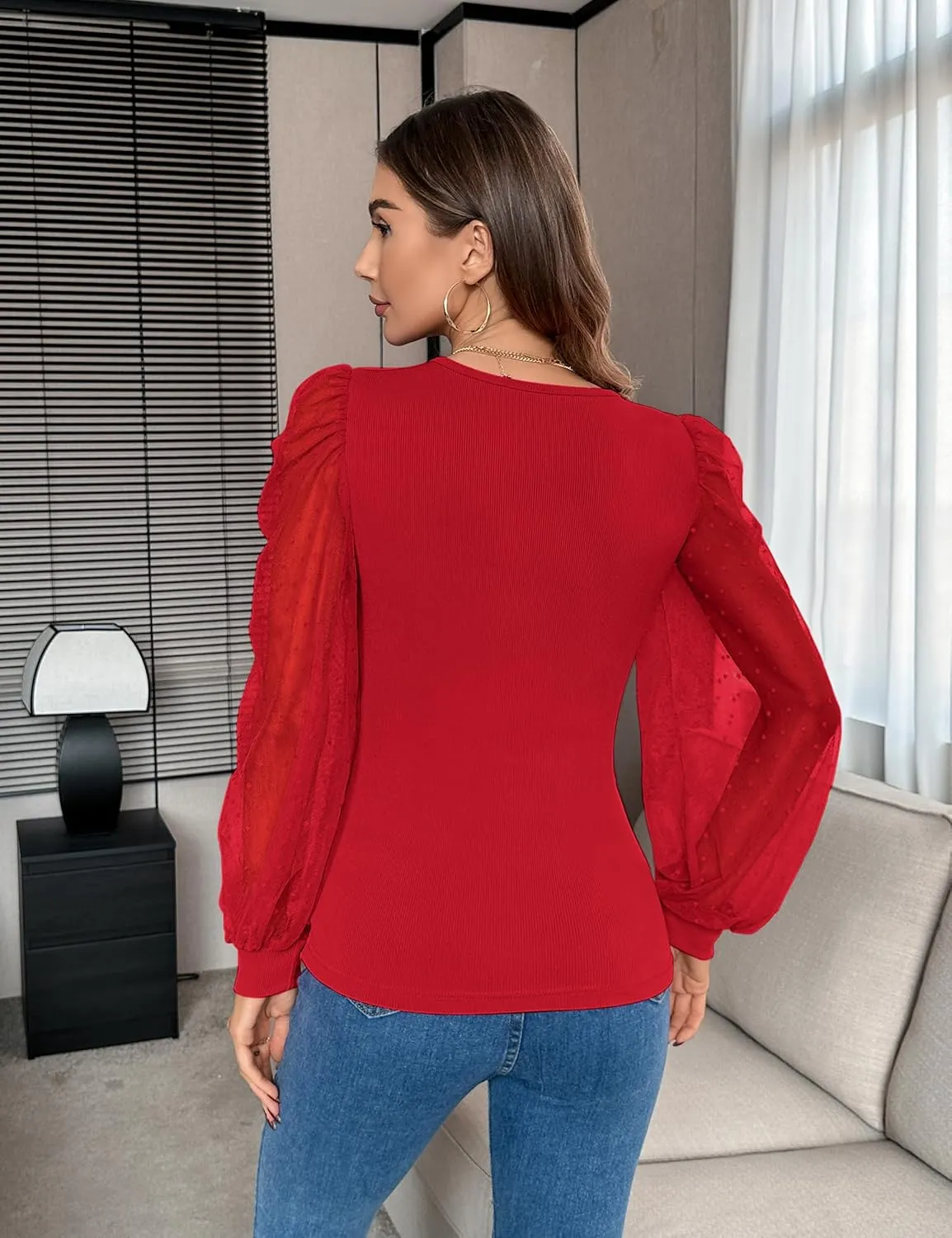 Fayenne Womens Tops Deep V Neck Cross Wrap Sexy Tops Polka Dot Mesh Long Sleeve T Shirt Casual Blouses