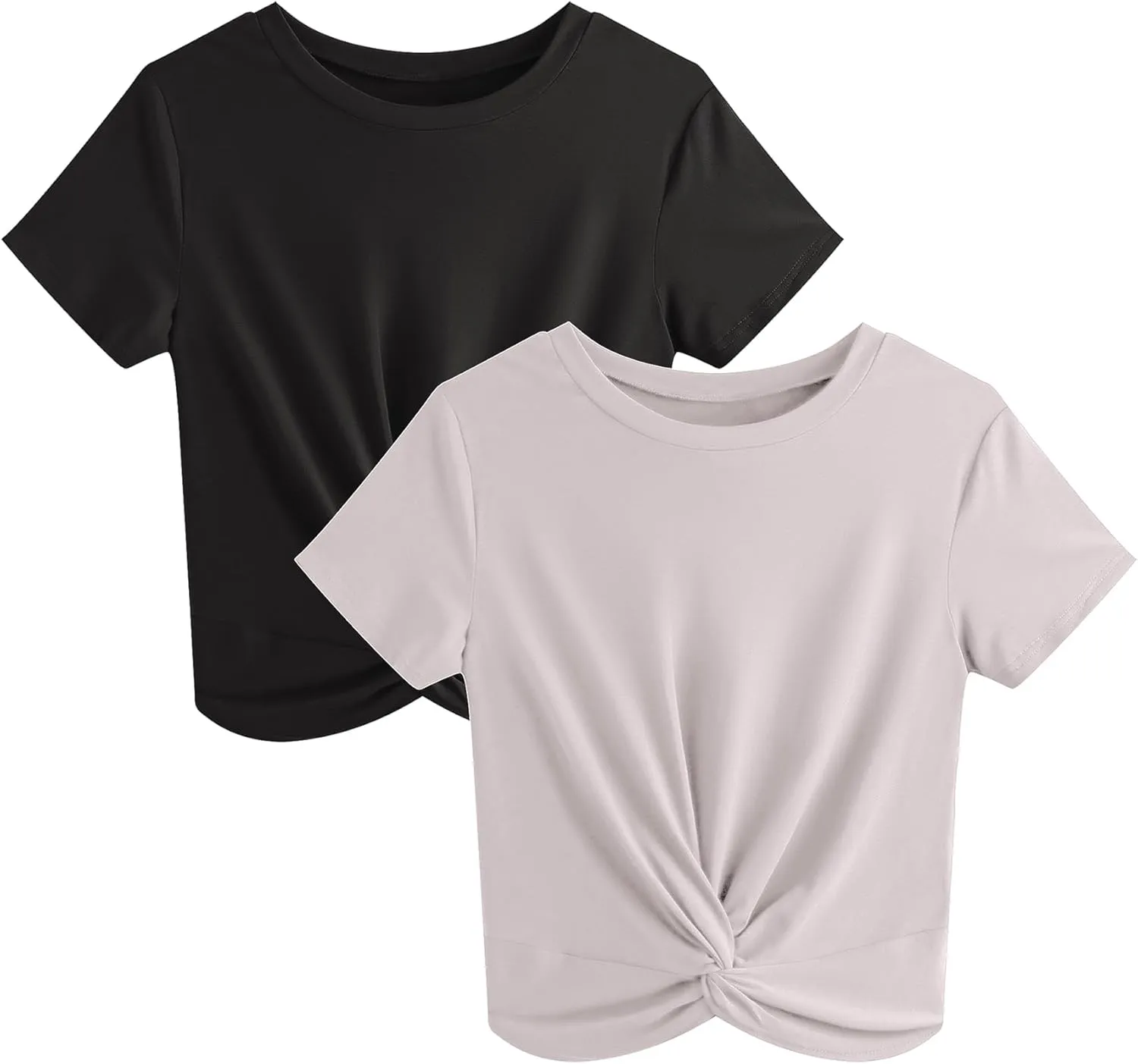 JINKESI Women's 2 Pack T-Shirts Summer Crop Tops Causal Crew Neck Short Sleeve Twist Front Tee T-Shirt