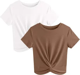 JINKESI Women's 2 Pack T-Shirts Summer Crop Tops Causal Crew Neck Short Sleeve Twist Front Tee T-Shirt