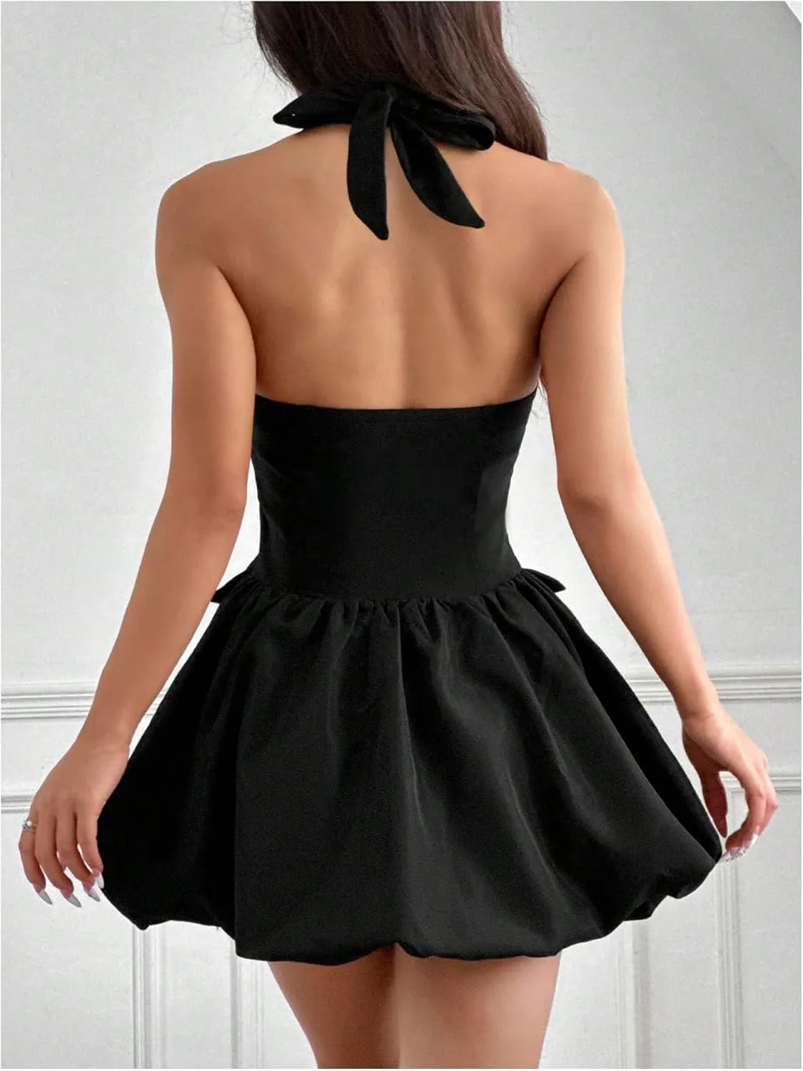MakeMeChic Women's Bubble Bow Dress Halter Open Back A Line Flare Party Mini Dresses