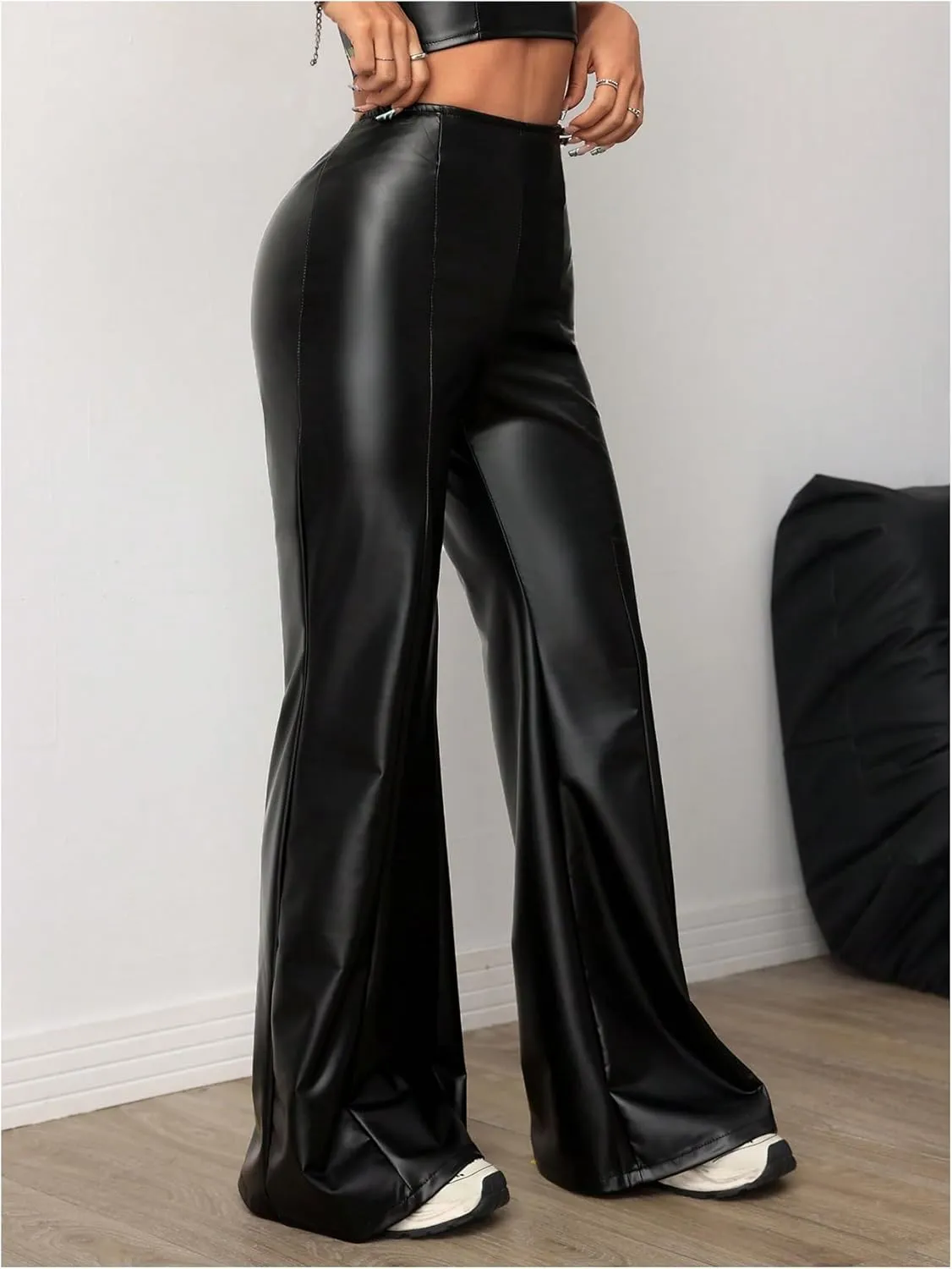 MakeMeChic Women's Faux Leather Pants Wide Leg Straight Baggy Trousers with Pockets