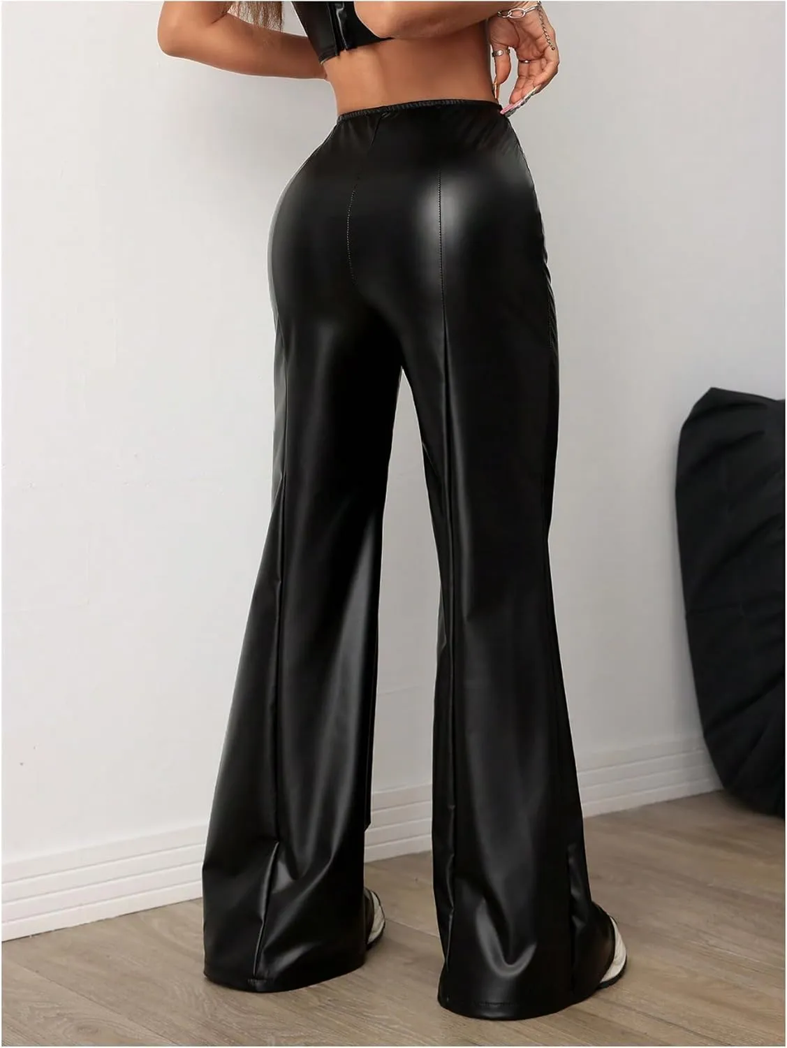 MakeMeChic Women's Faux Leather Pants Wide Leg Straight Baggy Trousers with Pockets