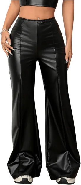 MakeMeChic Women's Faux Leather Pants Wide Leg Straight Baggy Trousers with Pockets