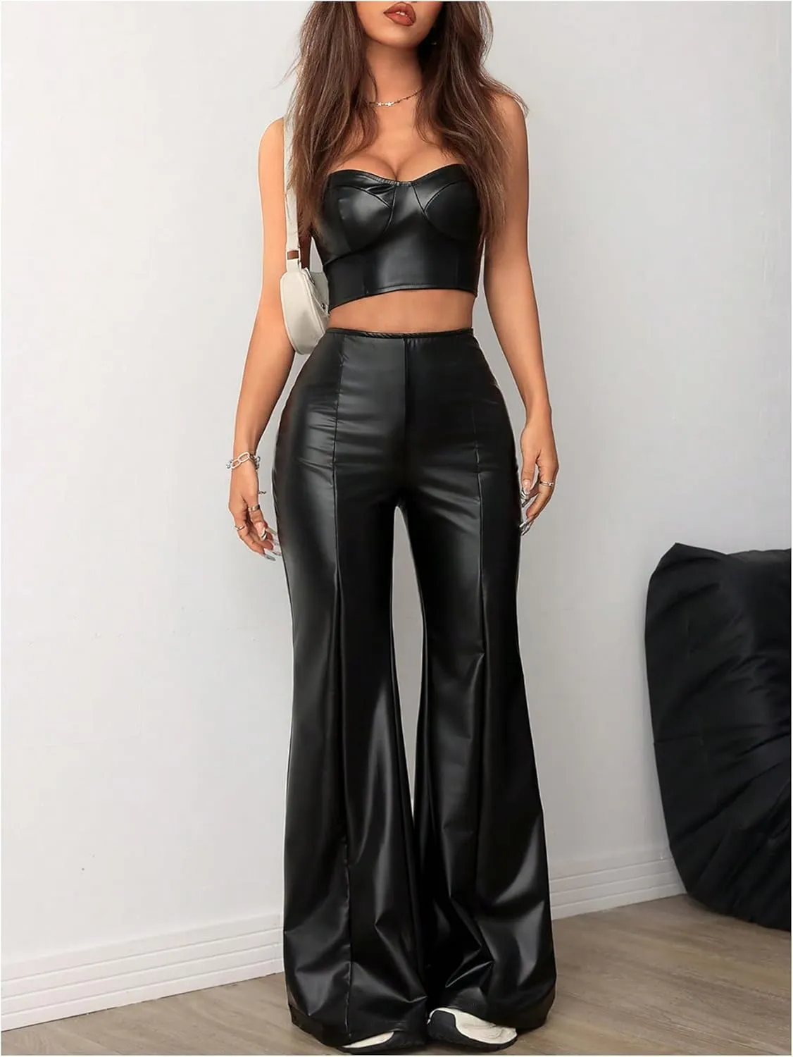MakeMeChic Women's Faux Leather Pants Wide Leg Straight Baggy Trousers with Pockets