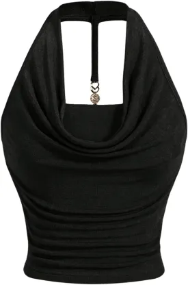 Milumia Women Ruched Halter Y2k Crop Tops Backless Cowl Neck Sleeveless Shirts