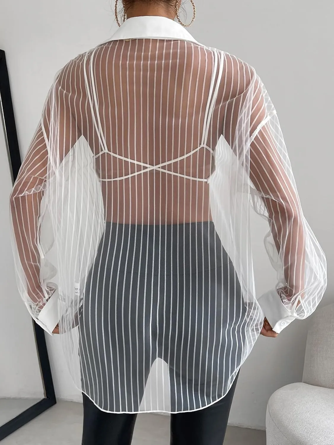 Milumia Women Striped Mesh Sheer Button Up Shirt Long Sleeve Drop Shoulder Blouse Top