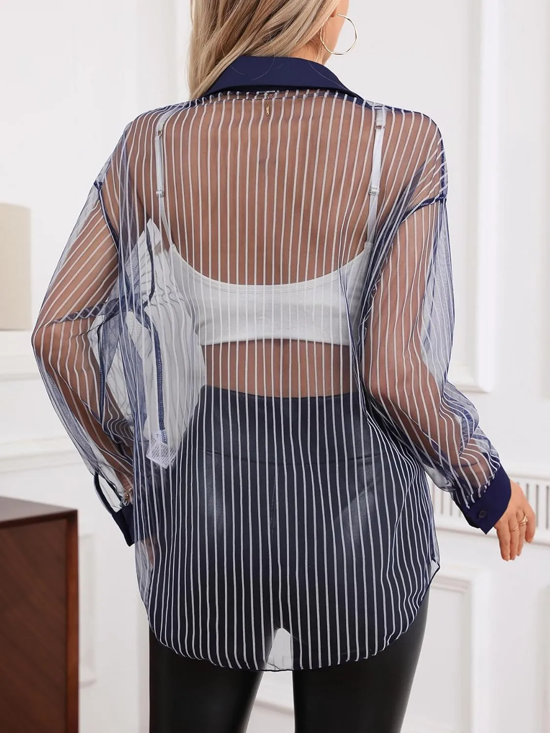 Milumia Women Striped Mesh Sheer Button Up Shirt Long Sleeve Drop Shoulder Blouse Top