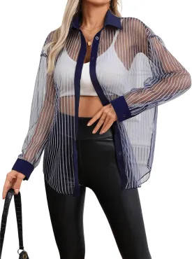 Milumia Women Striped Mesh Sheer Button Up Shirt Long Sleeve Drop Shoulder Blouse Top