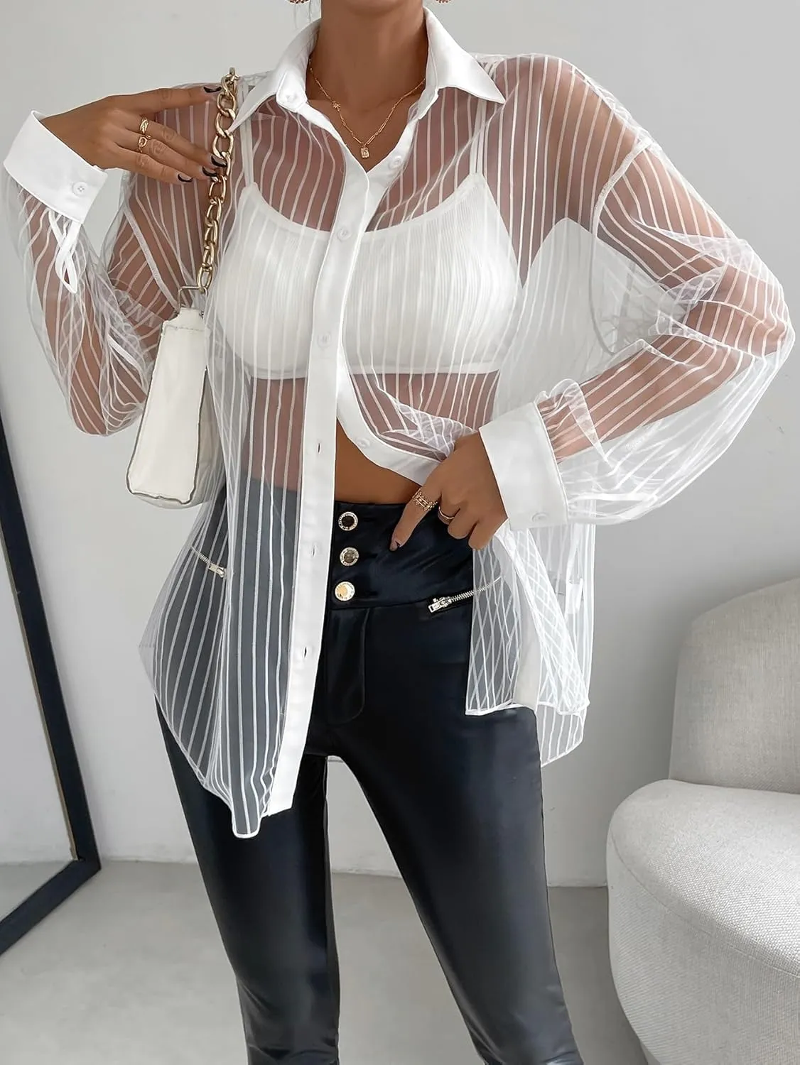 Milumia Women Striped Mesh Sheer Button Up Shirt Long Sleeve Drop Shoulder Blouse Top