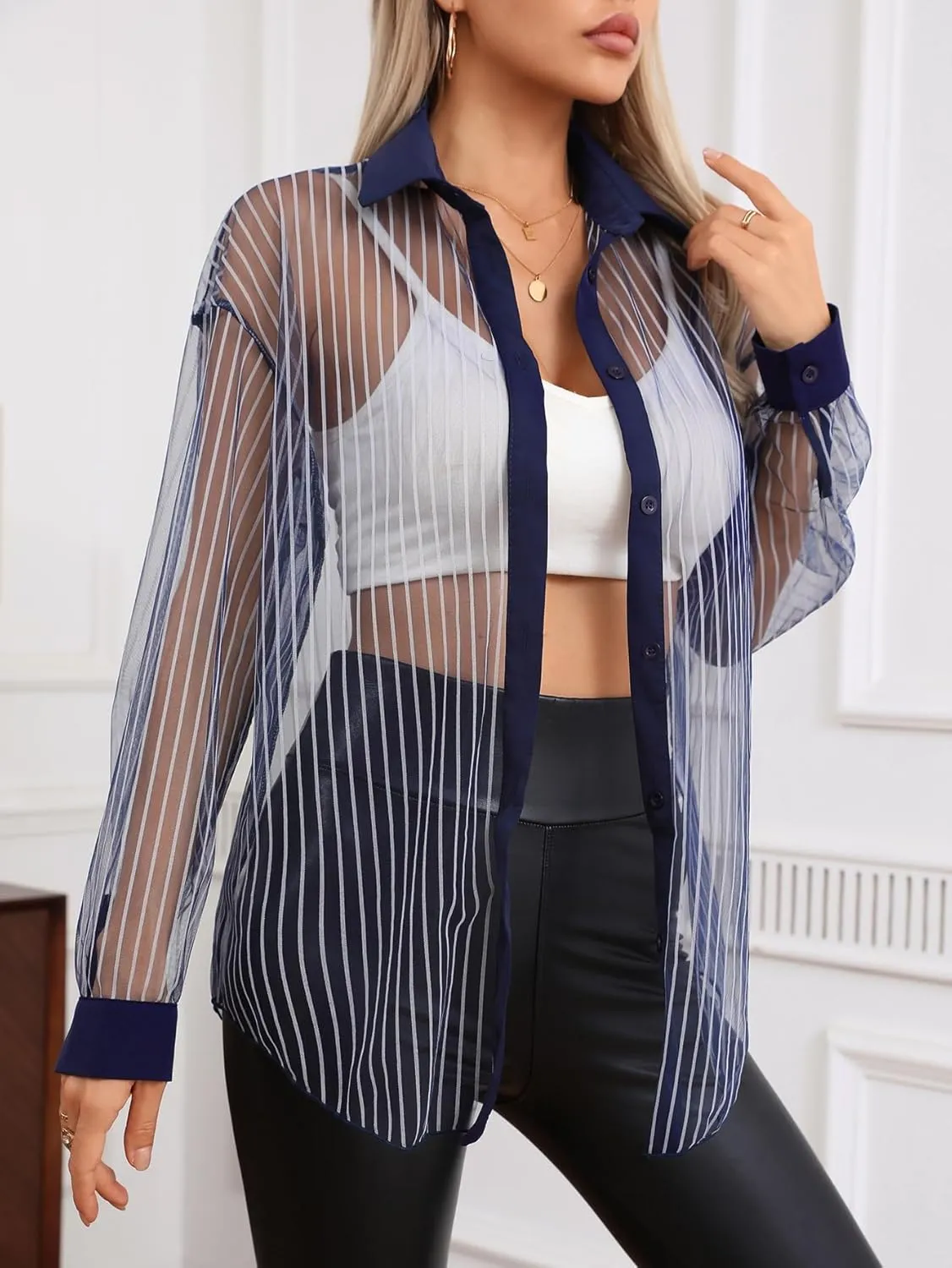 Milumia Women Striped Mesh Sheer Button Up Shirt Long Sleeve Drop Shoulder Blouse Top