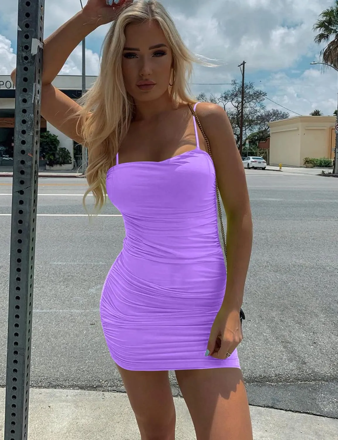 Mizoci Women's Sexy Sleeveless Ruched Spaghetti Strap Bodycon Mini Club Party Dress