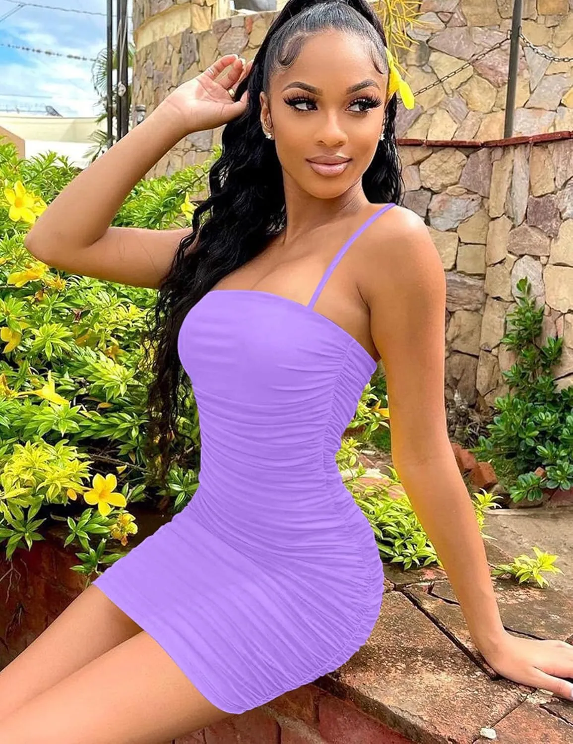 Mizoci Women's Sexy Sleeveless Ruched Spaghetti Strap Bodycon Mini Club Party Dress