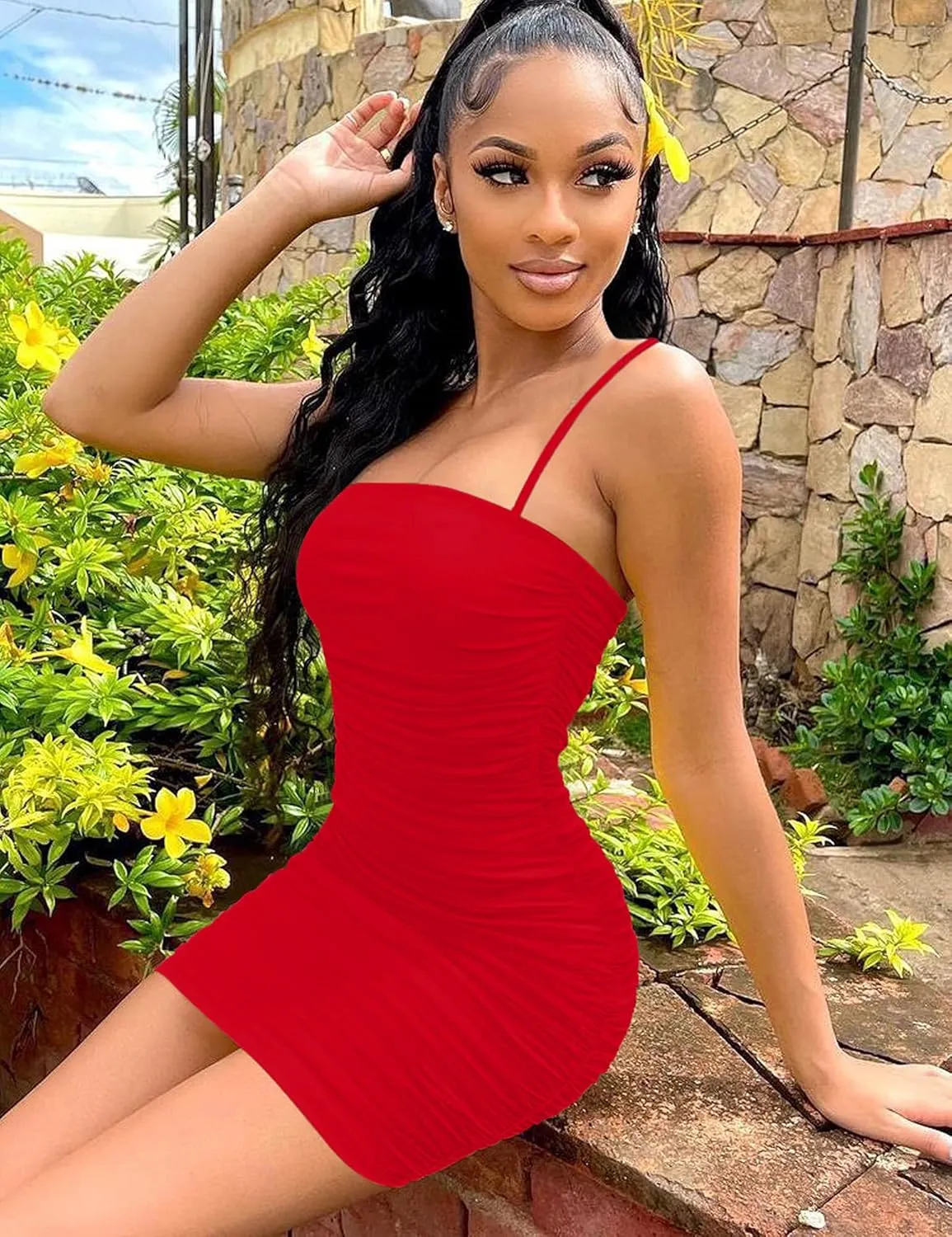Mizoci Women's Sexy Sleeveless Ruched Spaghetti Strap Bodycon Mini Club Party Dress