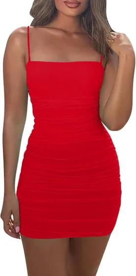 Mizoci Women's Sexy Sleeveless Ruched Spaghetti Strap Bodycon Mini Club Party Dress