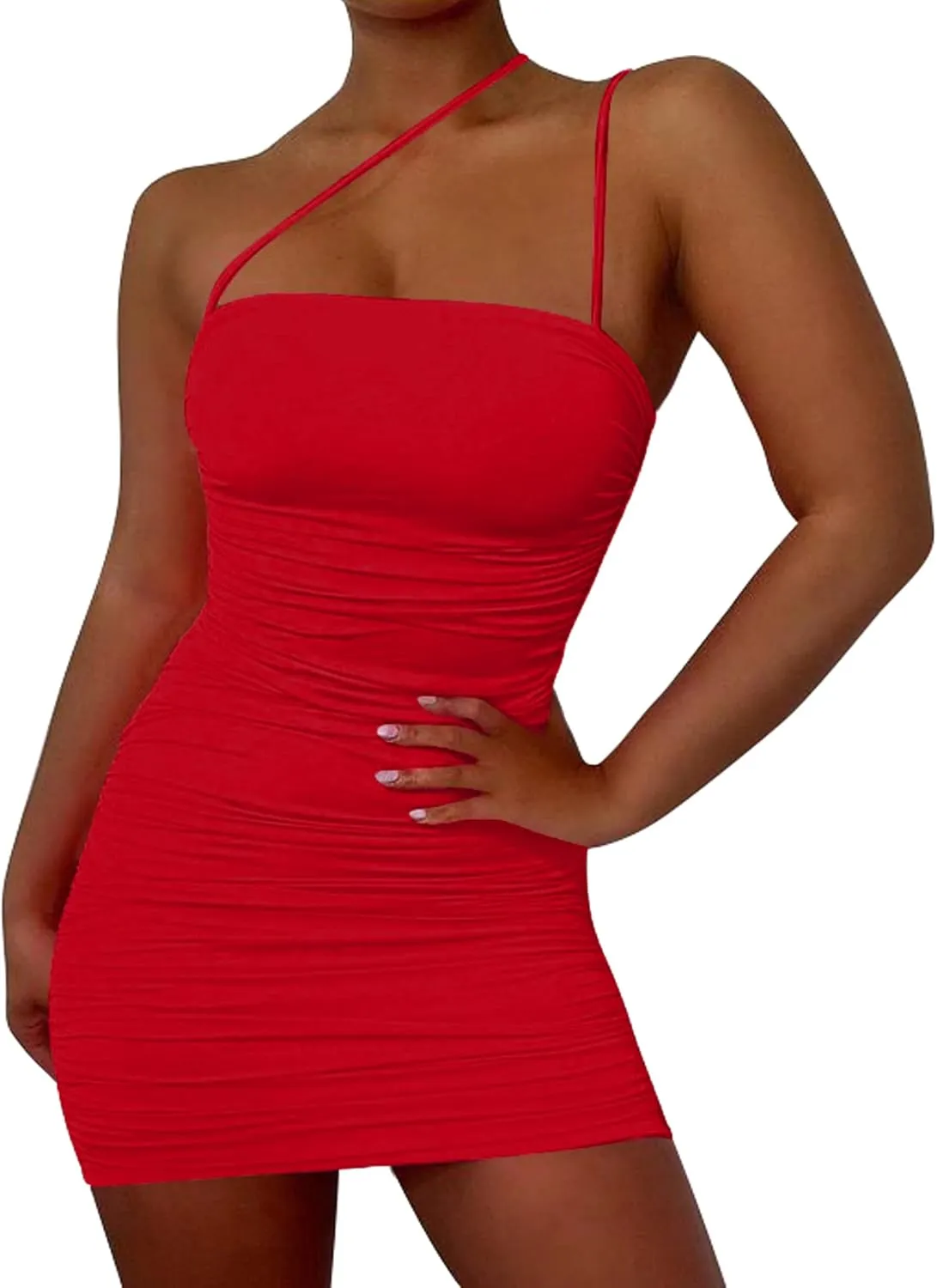 Mizoci Women's Sexy Sleeveless Ruched Spaghetti Strap Bodycon Mini Club Party Dress