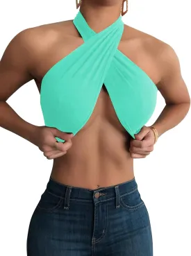 Mokoru Women's Sexy Sleeveless Halter Criss Cross Tank Crop Tops Self Tie Backless Cami