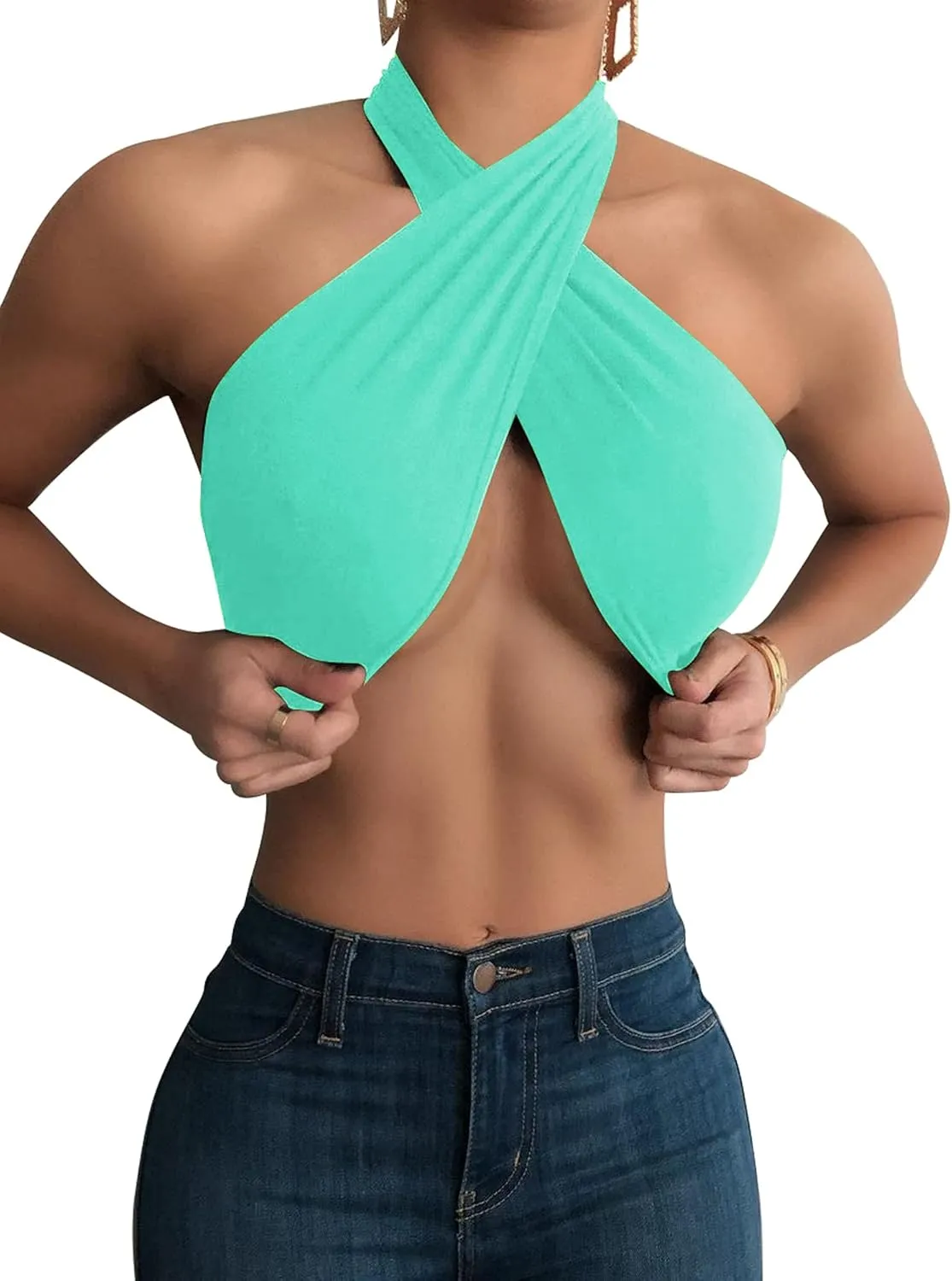 Mokoru Women's Sexy Sleeveless Halter Criss Cross Tank Crop Tops Self Tie Backless Cami
