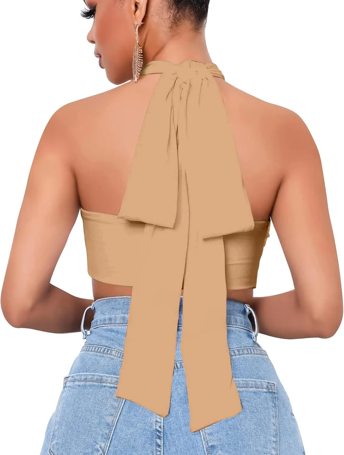 Mokoru Women's Sexy Sleeveless Halter Criss Cross Tank Crop Tops Self Tie Backless Cami