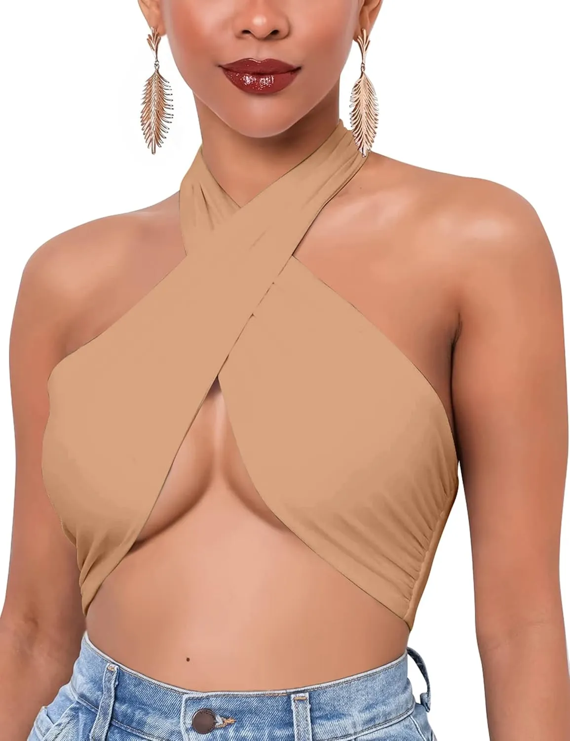 Mokoru Women's Sexy Sleeveless Halter Criss Cross Tank Crop Tops Self Tie Backless Cami