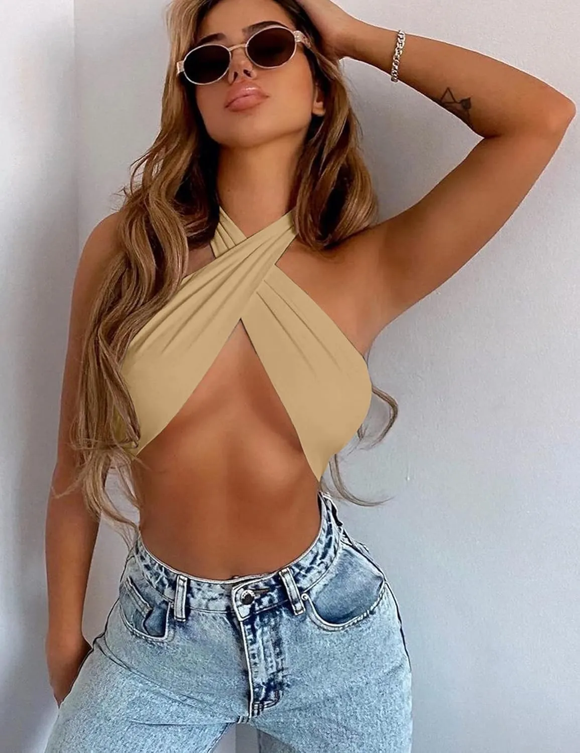 Mokoru Women's Sexy Sleeveless Halter Criss Cross Tank Crop Tops Self Tie Backless Cami