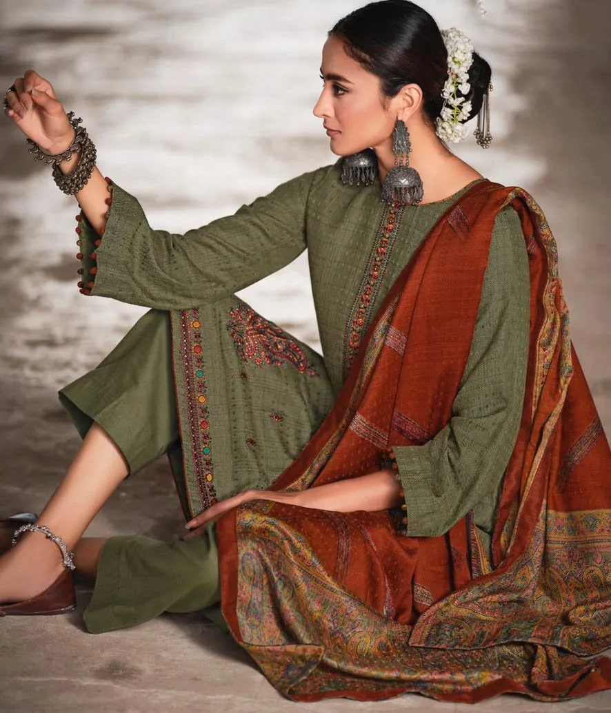 Pashmina Green Unstitched Winter Salwar Suit Set With Printed Shawl
