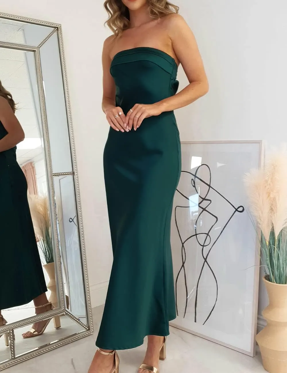 Realtix Satin Silk Backless Tube Tops Maxi Dress for Women Low Back Hollow Out Elegant Strapless Long Dresses Wedding Guest