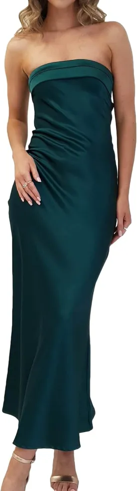 Realtix Satin Silk Backless Tube Tops Maxi Dress for Women Low Back Hollow Out Elegant Strapless Long Dresses Wedding Guest
