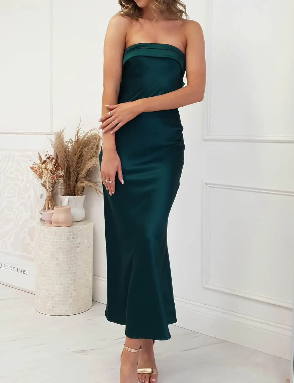 Realtix Satin Silk Backless Tube Tops Maxi Dress for Women Low Back Hollow Out Elegant Strapless Long Dresses Wedding Guest