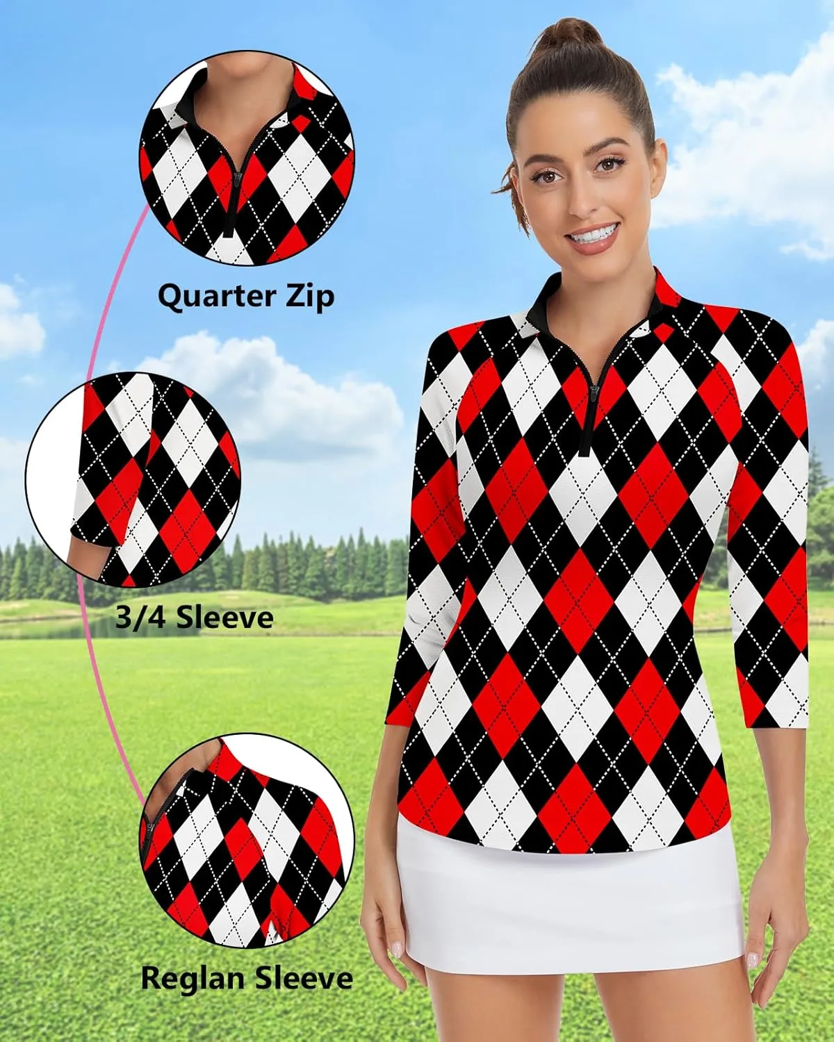 Soneven Womens 3/4 Sleeve Shirt UPF 50  Moisture Wicking Golf Polo Shirt for Casual Work