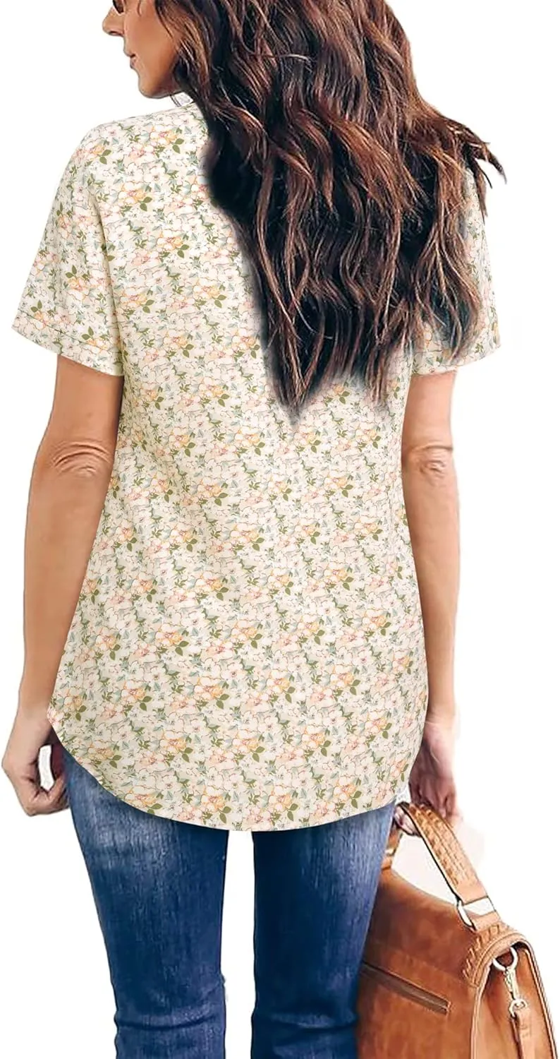 Timeson Women's V Neck Short Sleeve Curved Hem Sheer Chiffon Blouse Shirts Tops