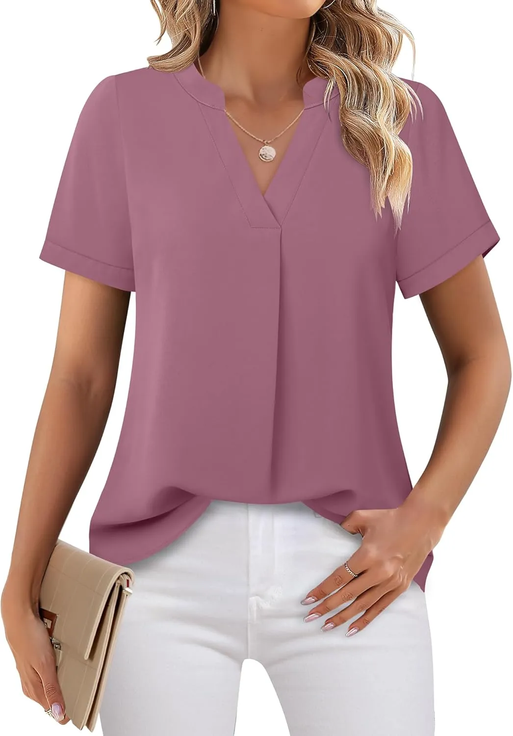 Timeson Women's V Neck Short Sleeve Curved Hem Sheer Chiffon Blouse Shirts Tops